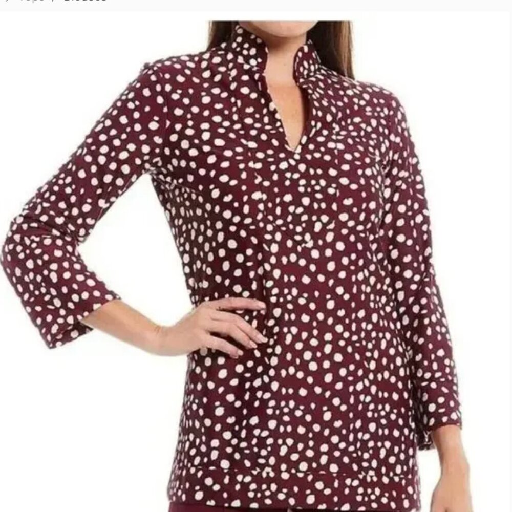 Jude Connally Chris Painted‎ Spot Merlot Split Neck Blouse Red White size Small